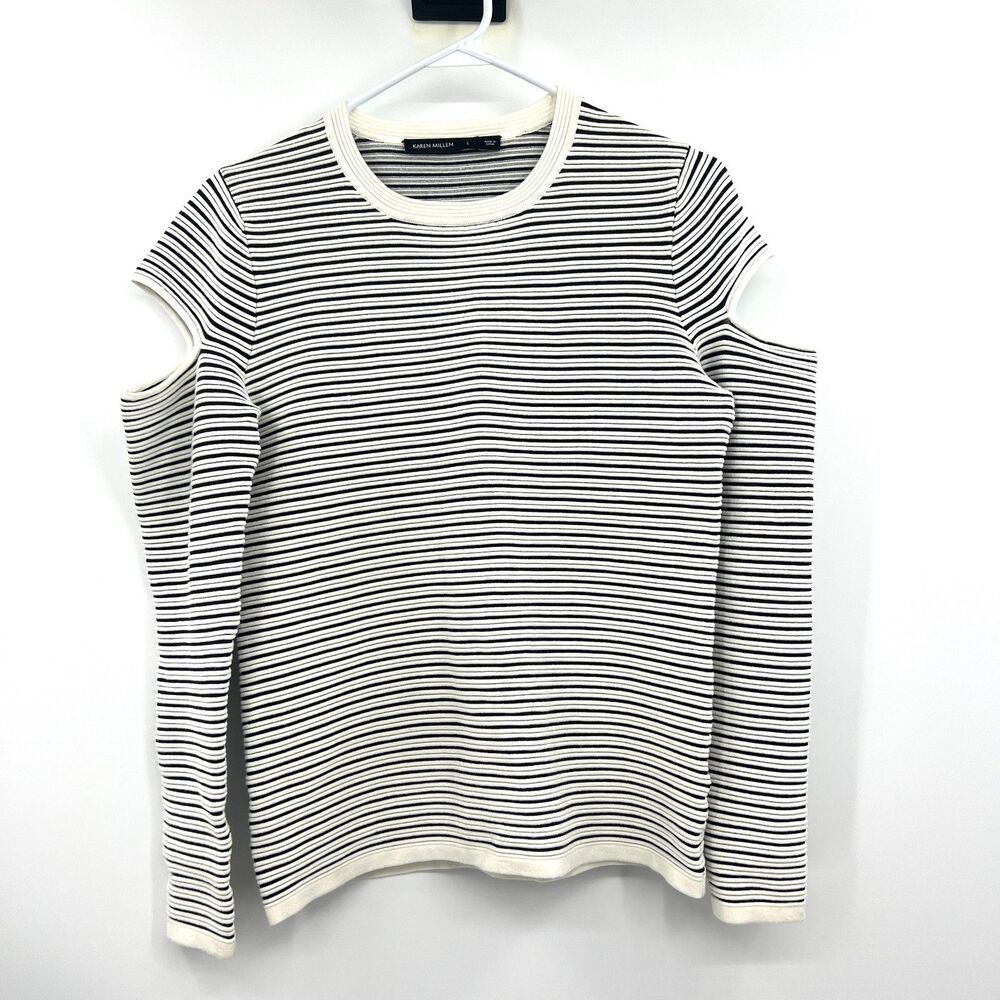 Karen Millen Cold Shoulder Striped Ribbed Knit Top Cream Black Long Sleeve L